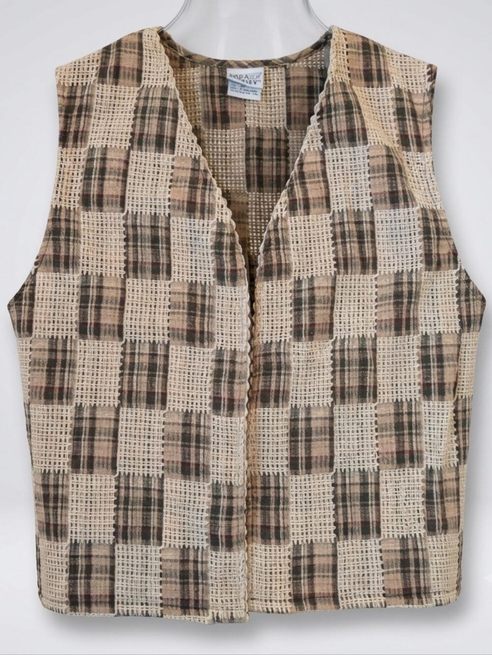 Vintage Napa Valley Plus Size Beige Plaid Square Design Open Front Vest Size 3XL